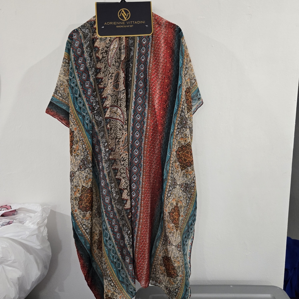 NEW Adrienne Vittadini Kimono & Hat Cover up Set Rhinestones Luxury Boho Summer - Picture 7 of 13